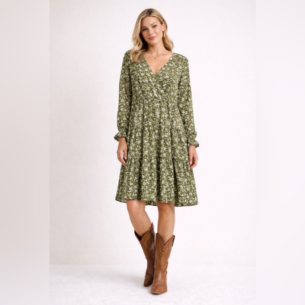 Green Floral Cottagecore Prairie Long Sleeve Mini Dress Boho Romantic Tiered  Lg